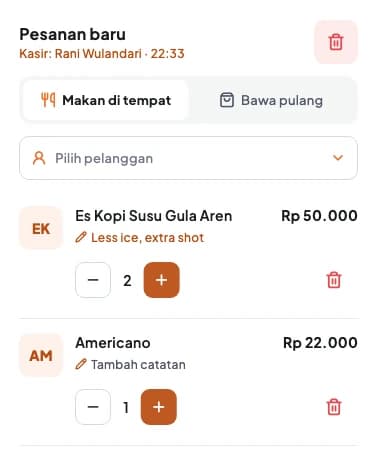 Panel pesanan baru di Sissi Kasir